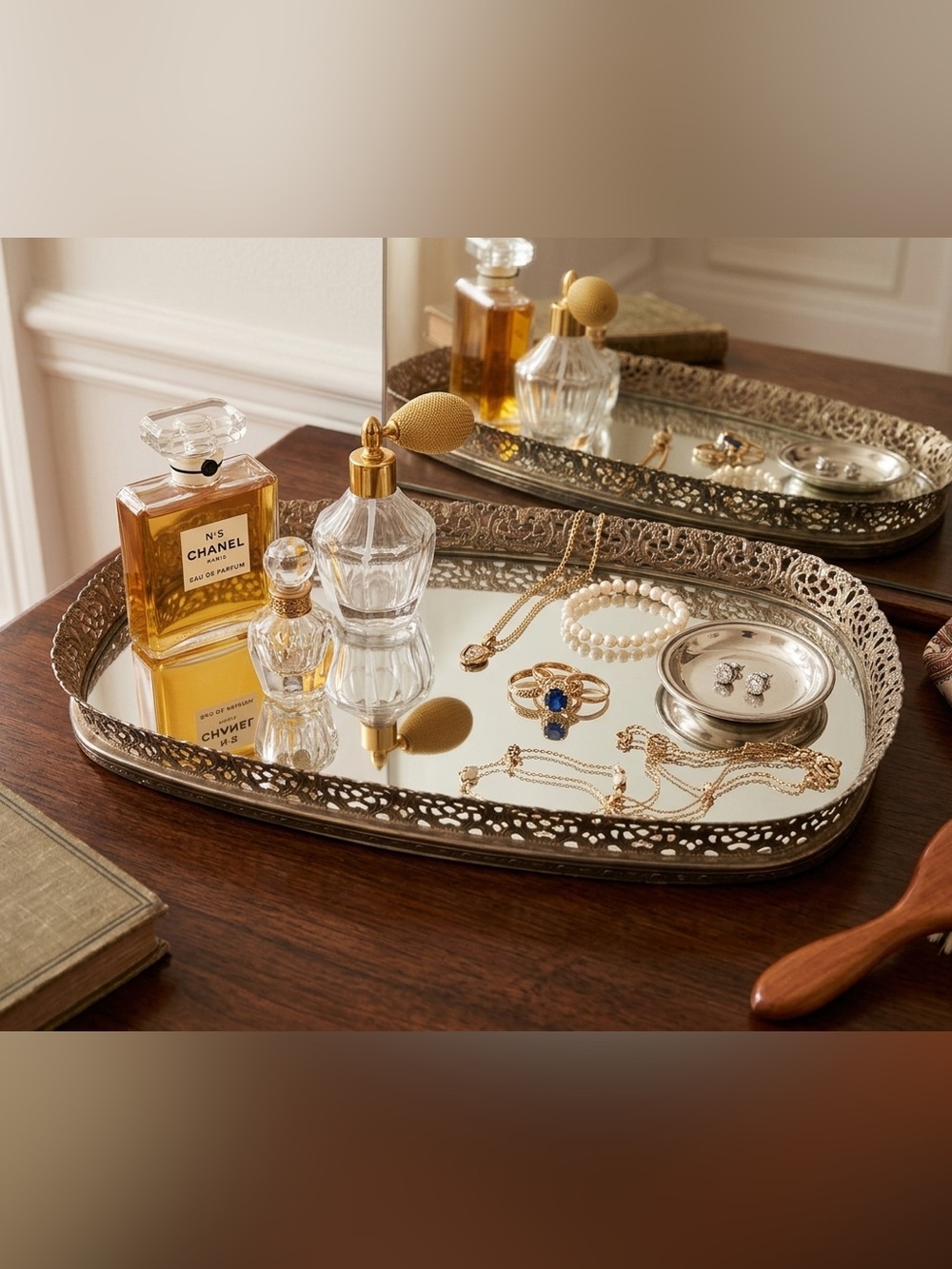 Vintage Oblong  Brass Filigree Vanity Mirror Tray - 14" x 8" x 1-1/2"